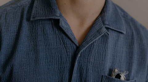 Model wearing The Hawthorne Camp Shirt in Washed Indigo