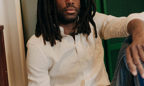 fit model showing off The Jack in Flax Linen