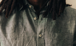fit model wearing The Short Sleeve California in Cilantro Hemp