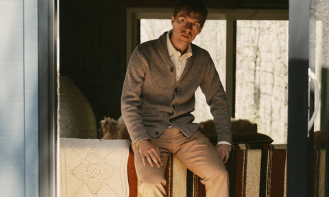 fit model posing in The Crawford Sweater in Coffee Twist
