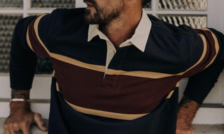 Model wearing The Rugby Shirt in Dark Navy Stripe