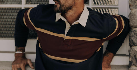 Model wearing The Rugby Shirt in Dark Navy Stripe