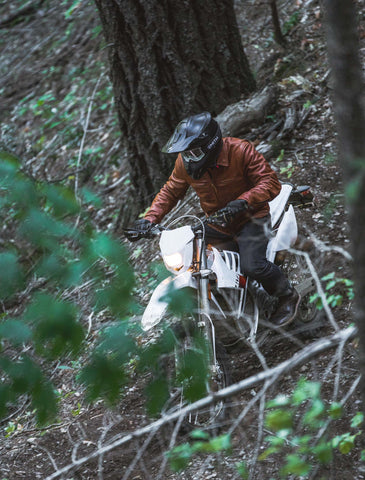 Shot from above of Moto Jacket in woods.