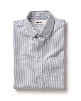 folded flatlay of The Jack in Navy University Stripe Everyday Oxford, Wovens by Taylor Stitch