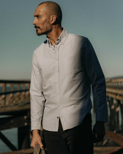 fit model posing in The Jack in Navy University Stripe Everyday Oxford