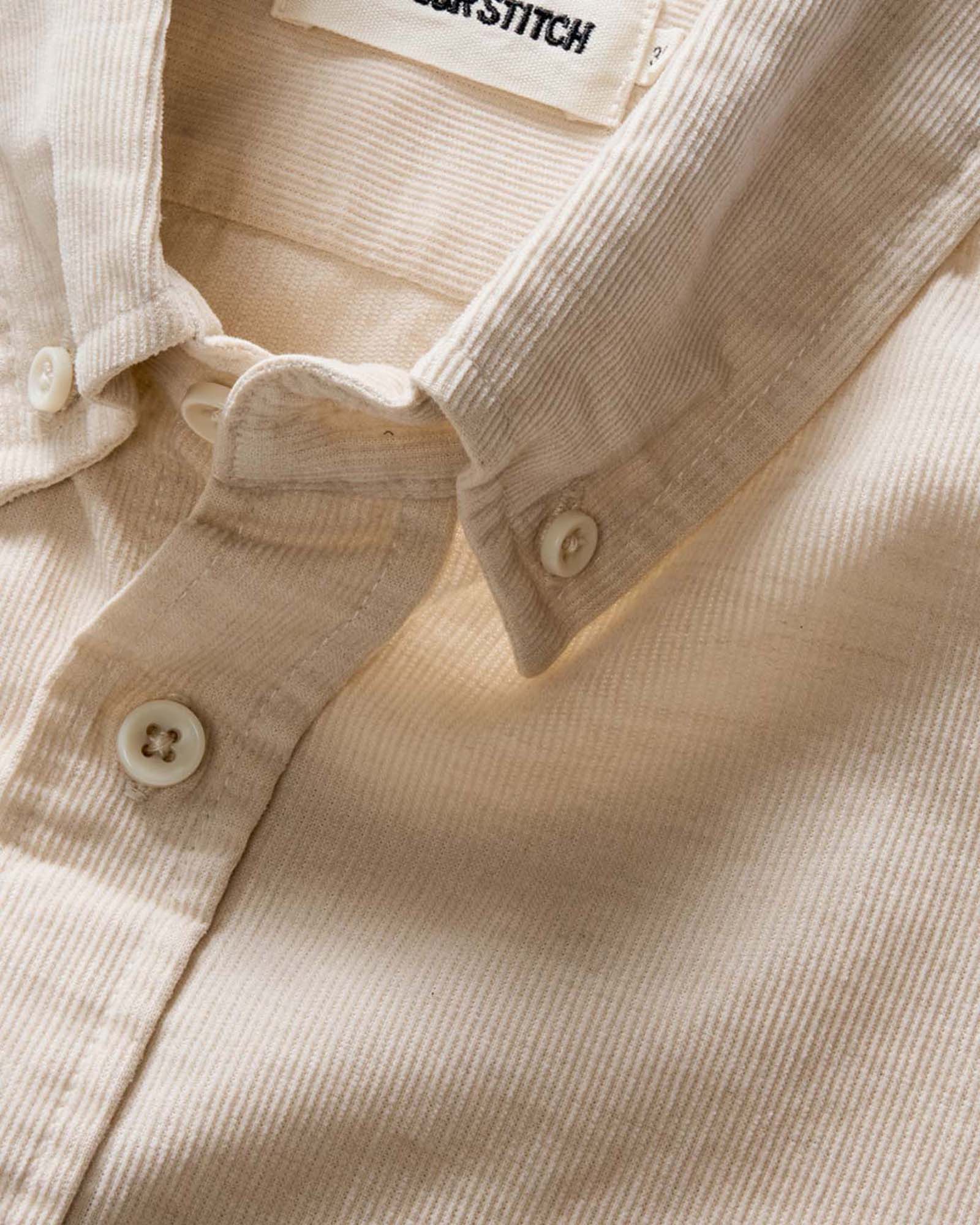 material shot of the collar on The Jack in Oat Heathered Pincord, Wovens by Taylor Stitch