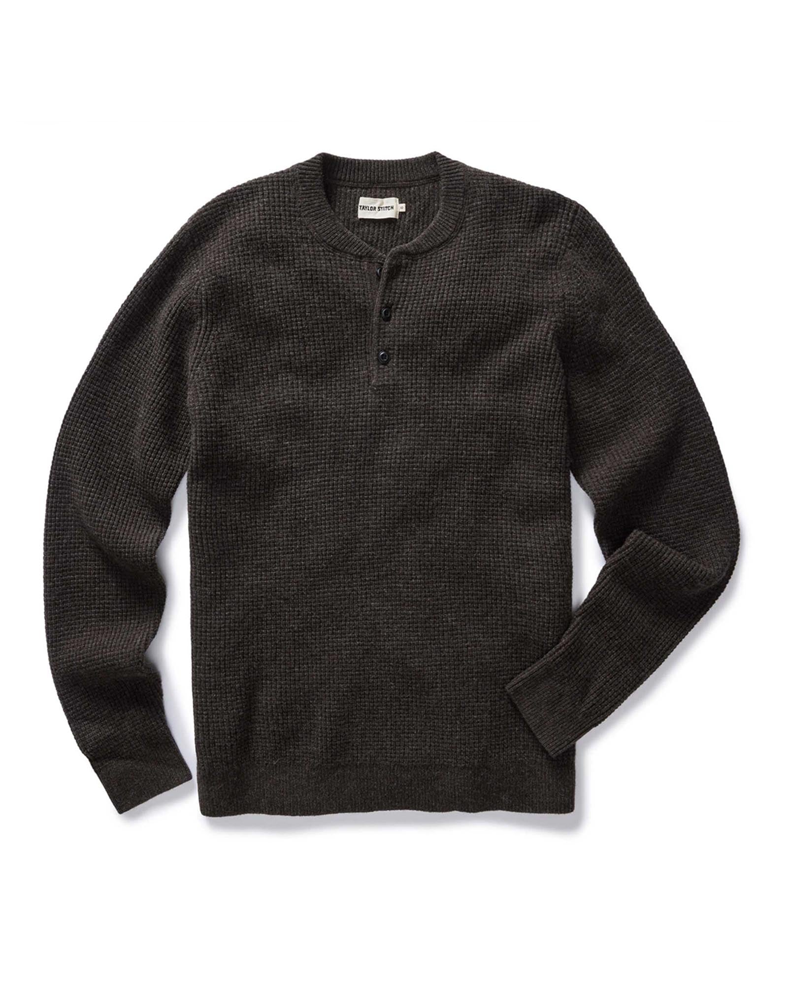 flatlay of The Sidecountry Sweater in Coffee Heather Merino Waffle, Knits by Taylor Stitch