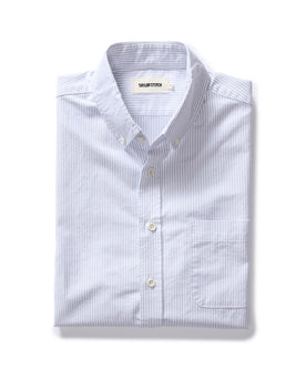 flatlay of The Jack in Greystone University Stripe Oxford, Wovens by Taylor Stitch