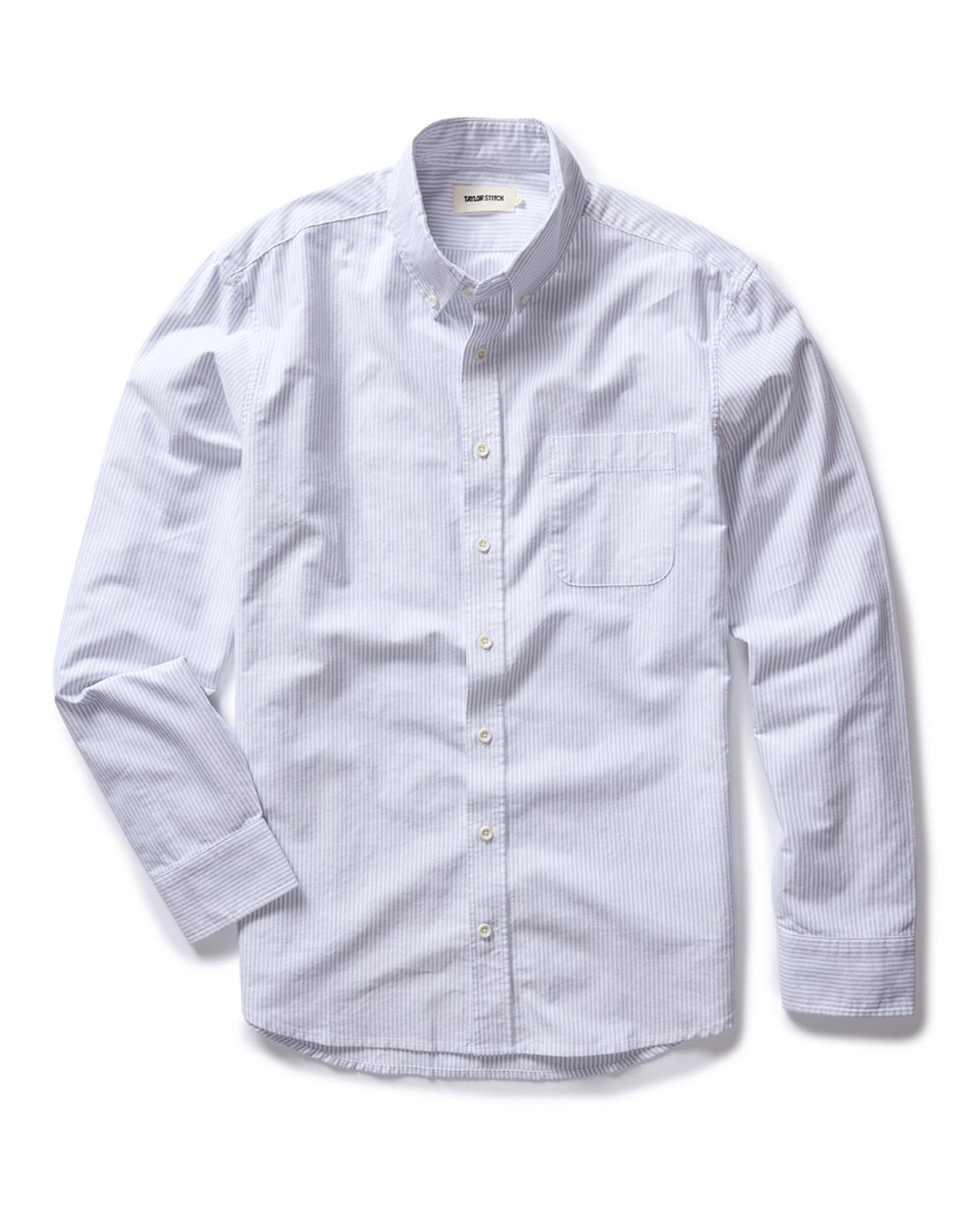 flatlay of The Jack in Greystone University Stripe Oxford, shown in full, Wovens by Taylor Stitch