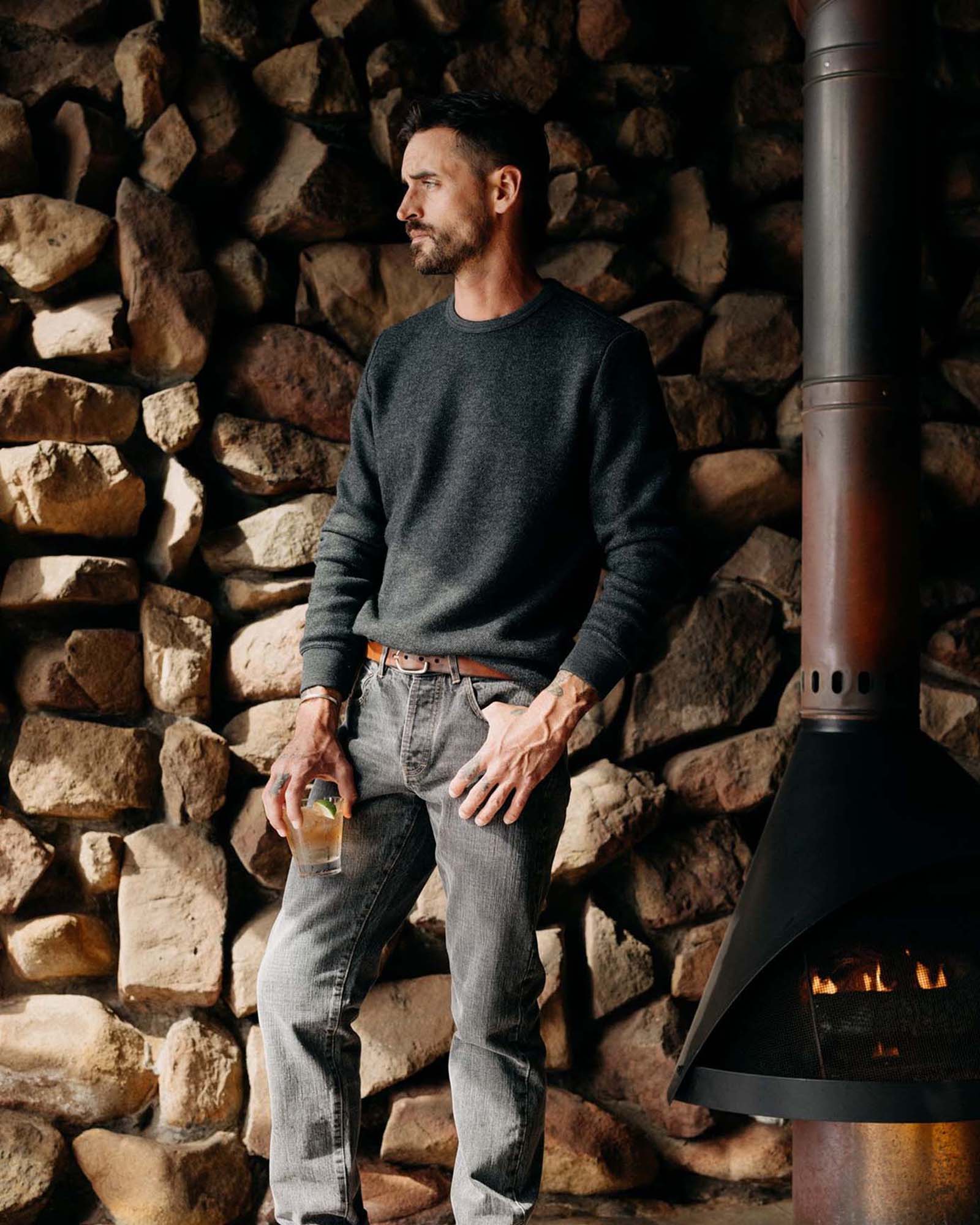 fit model in The Evans Crew in Charcoal Birdseye Wool, Knits by Taylor Stitch