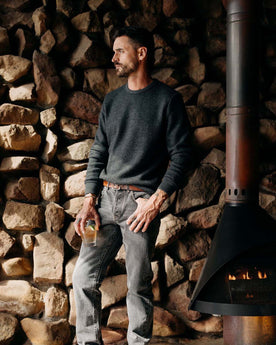 fit model in The Evans Crew in Charcoal Birdseye Wool, Knits by Taylor Stitch