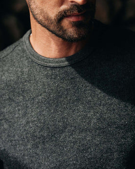 fit model showing the front of The Evans Crew in Charcoal Birdseye Wool, Knits by Taylor Stitch