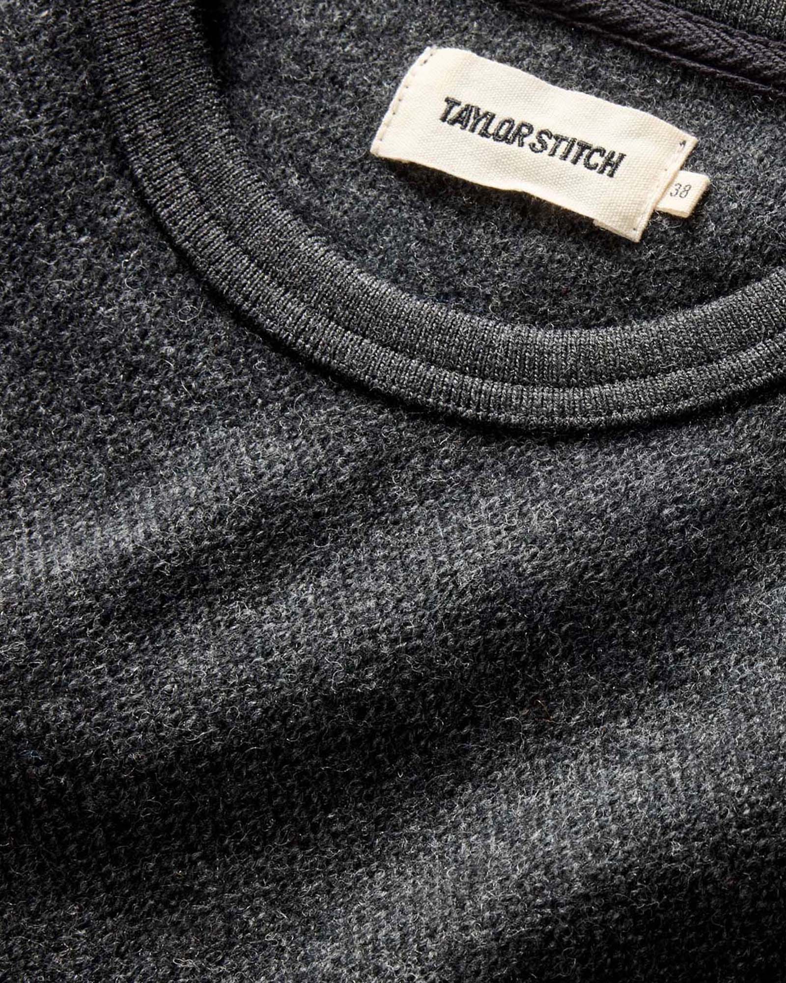 material shot of the ribbed neck opening on The Evans Crew in Charcoal Birdseye Wool, Knits by Taylor Stitch