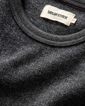 material shot of the ribbed neck opening on The Evans Crew in Charcoal Birdseye Wool, Knits by Taylor Stitch