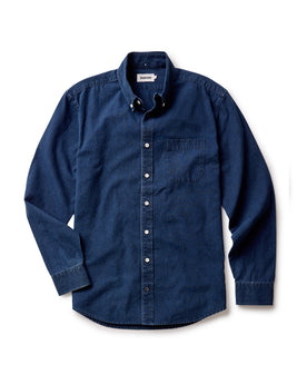flatlay of The Jack in Indigo Oxford, in full, Wovens by Taylor Stitch