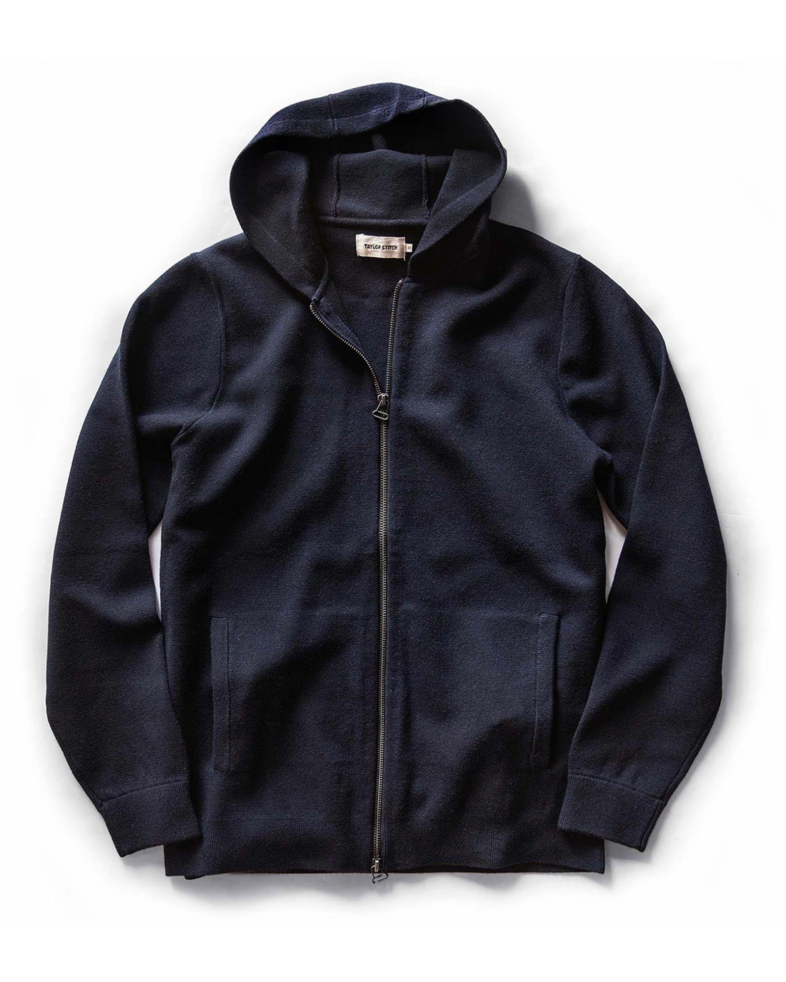 flatlay of The Portola Hoodie in Midnight Merino, Knits by Taylor Stitch