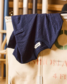 editorial image of the collar on The Organic Cotton Tee in Rinsed Indigo, Knits by Taylor Stitch