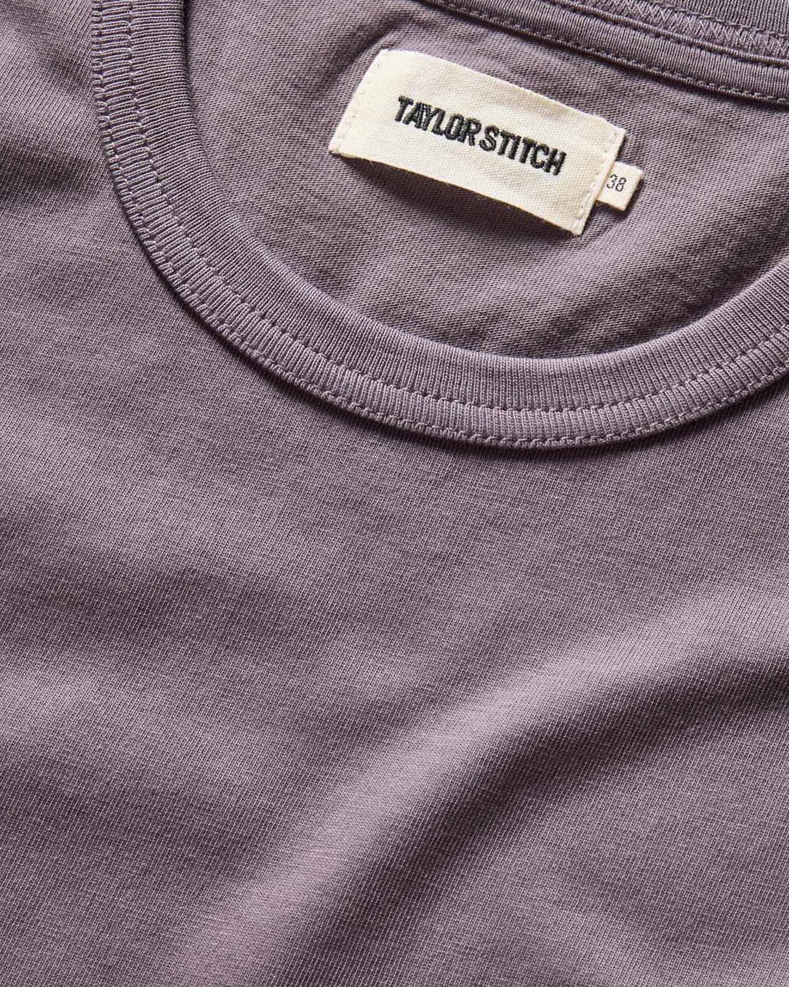 material shot of the ribbed neck opening on The Organic Cotton Tee in Dried Plum, Knits by Taylor Stitch