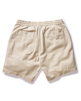 material shot of the waistband on The Apres Short in Organic Aged Stone Foundation Twill, Bottoms by Taylor Stitch