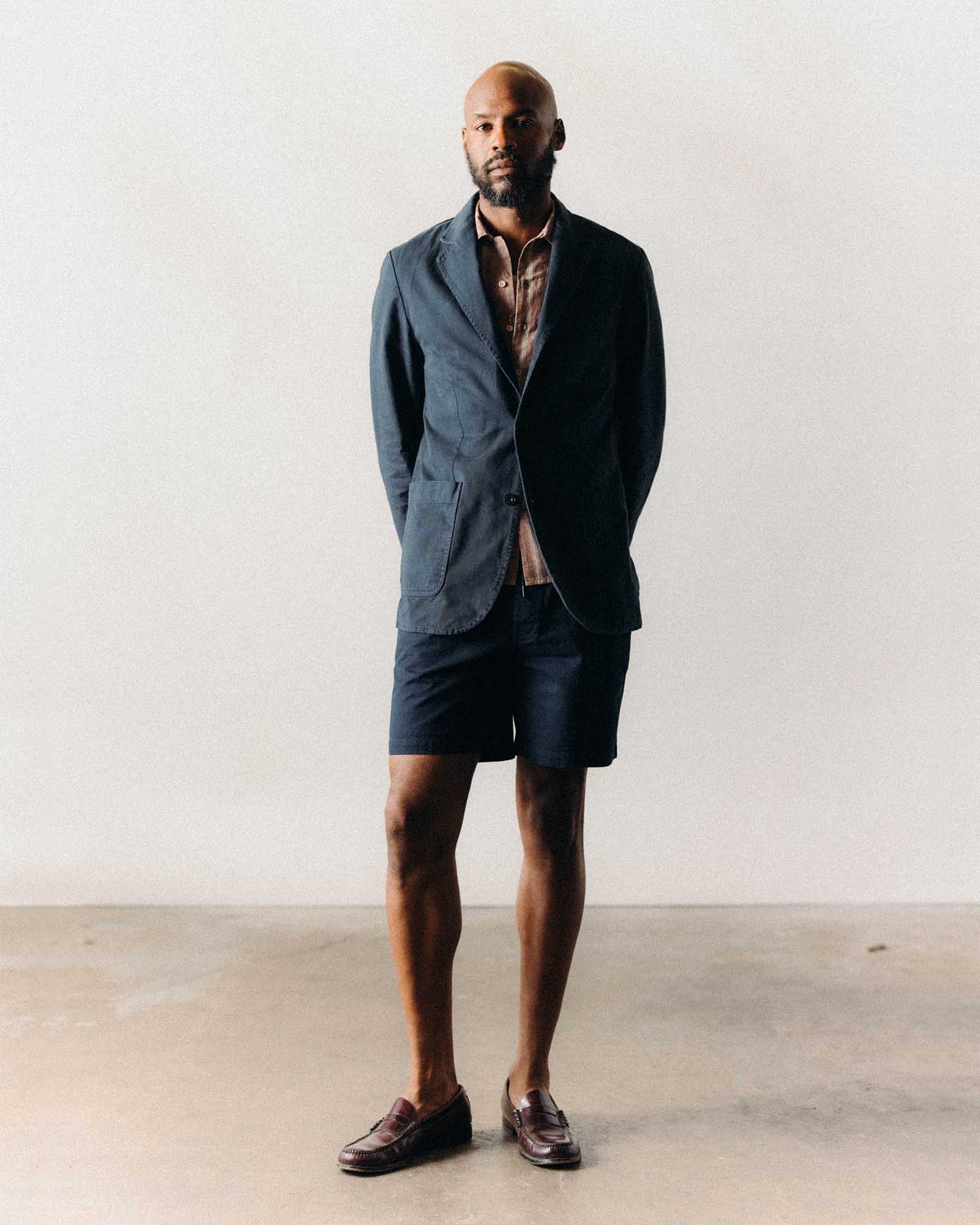 fit model showing off collar on The Foundation Sportcoat in Organic Navy Twill, Outerwear by Taylor Stitch