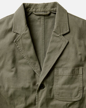 fit model showing off The Foundation Sportcoat in Organic Smoked Olive Twill, Outerwear by Taylor Stitch