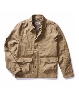 flatlay of The Pathfinder Waxed Canvas Jacket in Khaki Dry Wax, Outerwear by Taylor Stitch