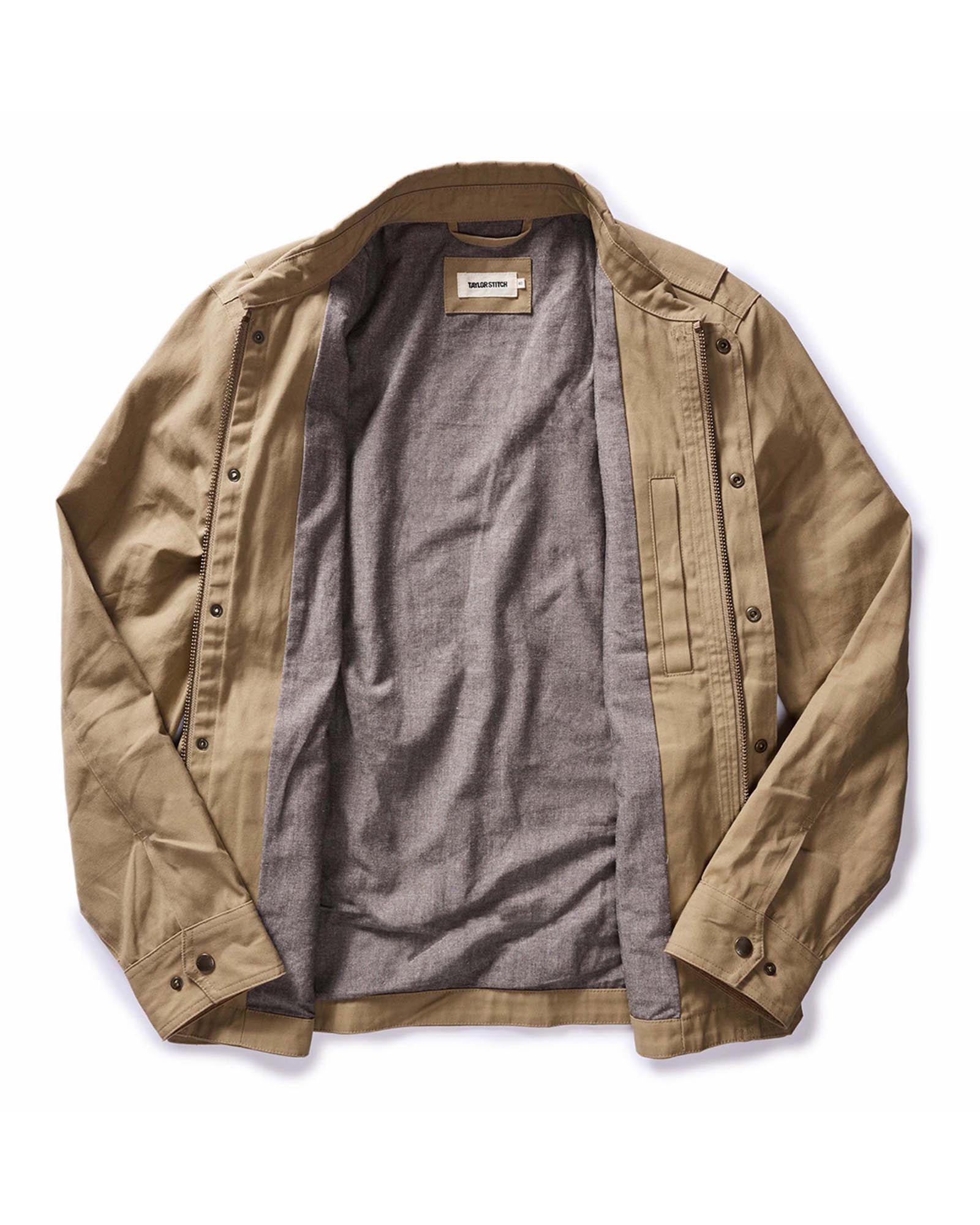 flatlay of The Pathfinder Jacket in Khaki Dry Wax open, Outerwear by Taylor Stitch