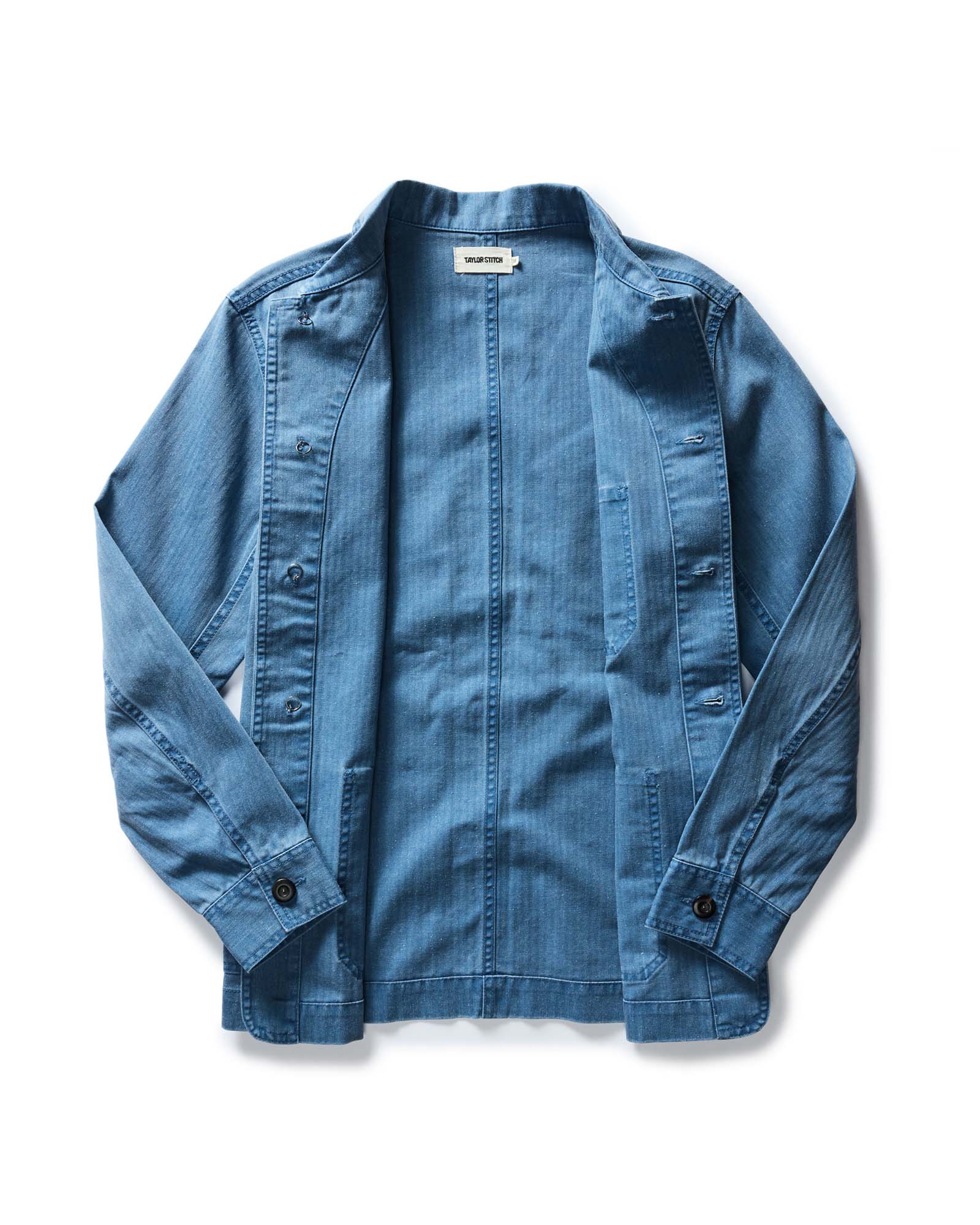 flatlay of The Ojai Jacket in French Blue Herringbone open, Outerwear by Taylor Stitch