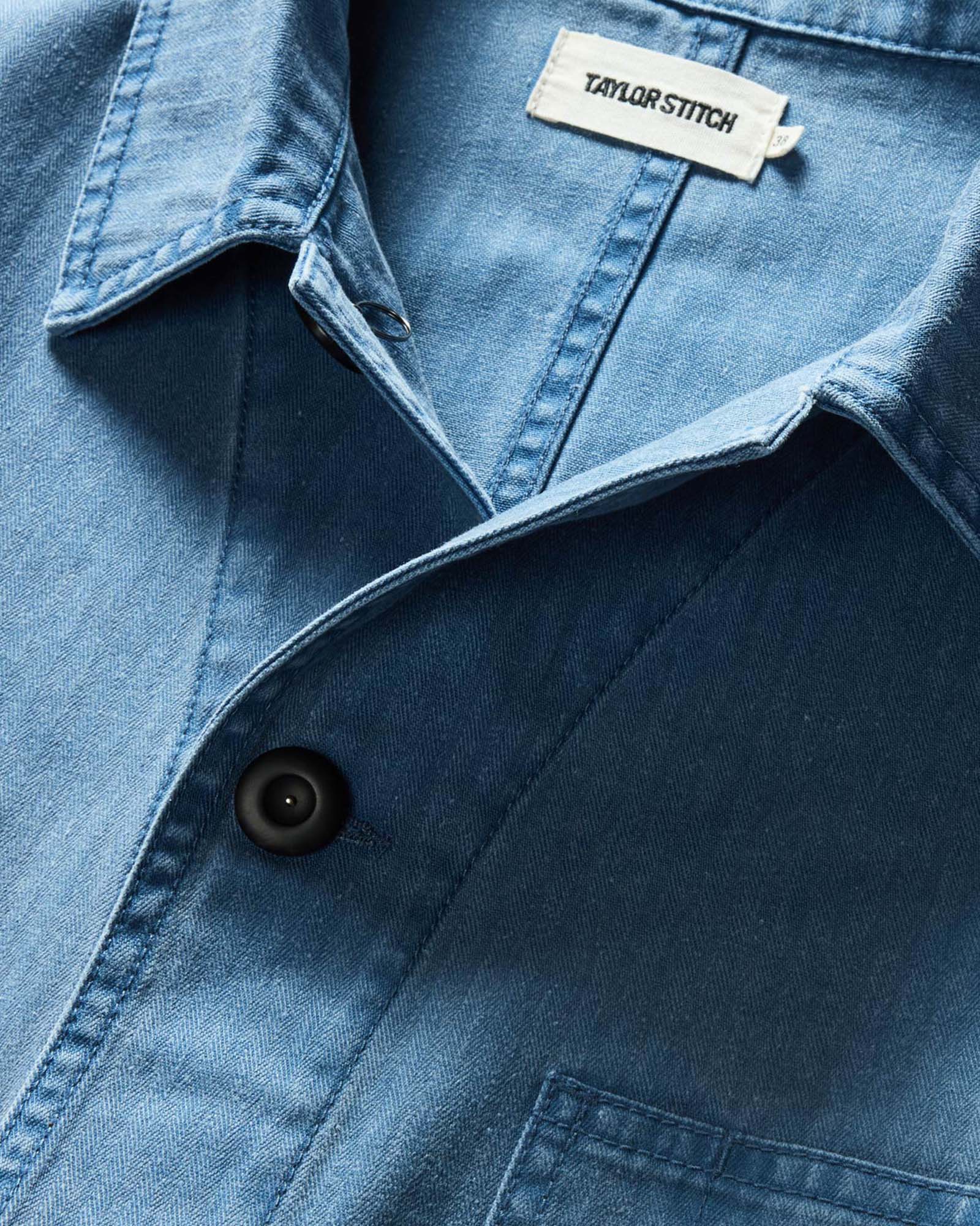 material shot of the collar on The Ojai Jacket in French Blue Herringbone, Outerwear by Taylor Stitch