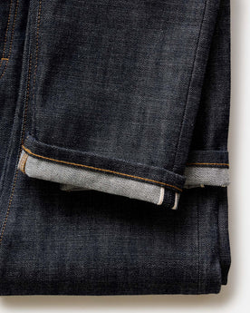 material shot of the selvedge detail on The Slim Jean in Rigid Organic Selvedge, Bottoms by Taylor Stitch