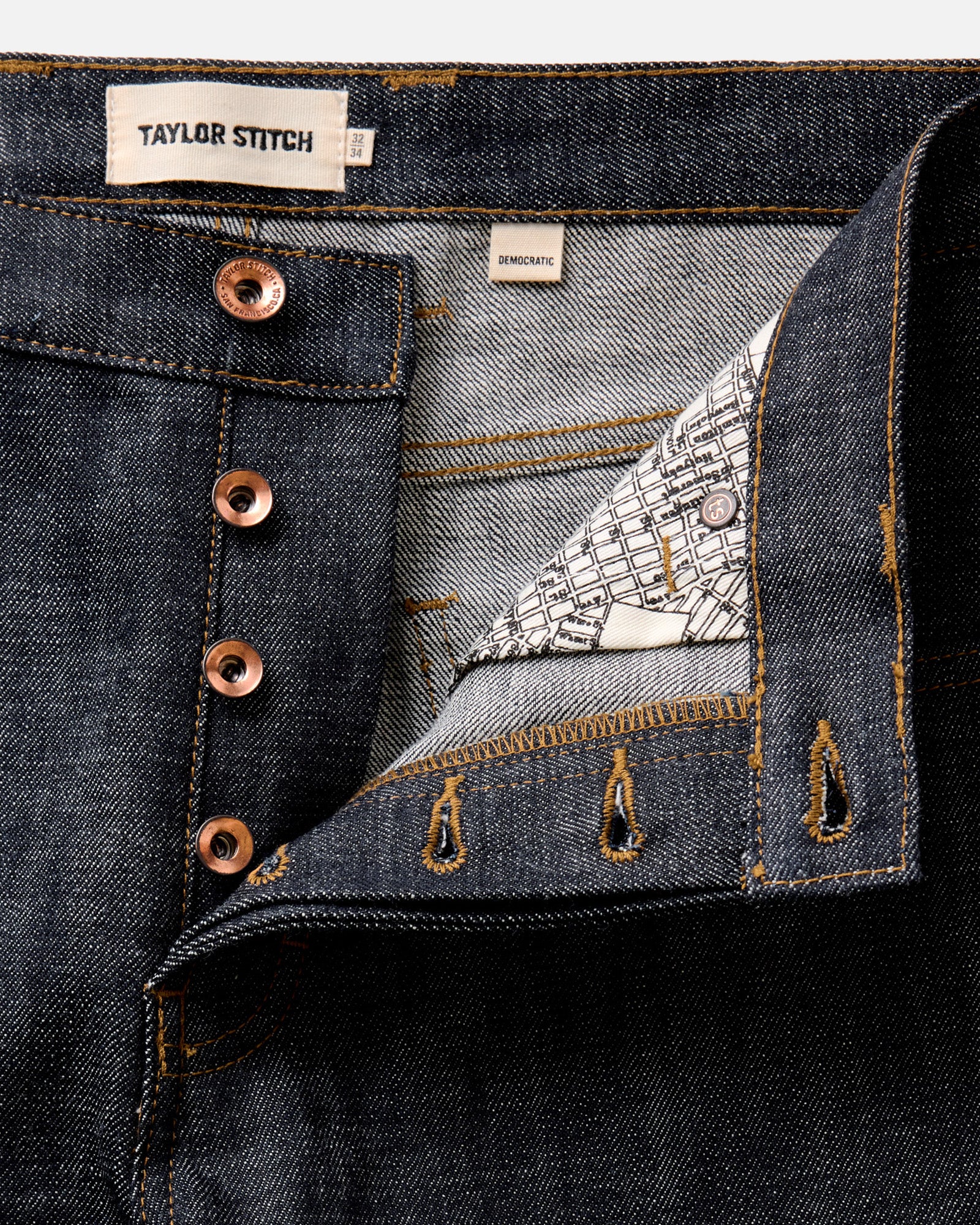 material shot of the waistband on The Democratic Jean in Rigid Organic Selvedge, Bottoms by Taylor Stitch