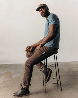 fit model showing off the pocket on The Chore Pant in Aged Penny Chipped Canvas, Bottoms by Taylor Stitch