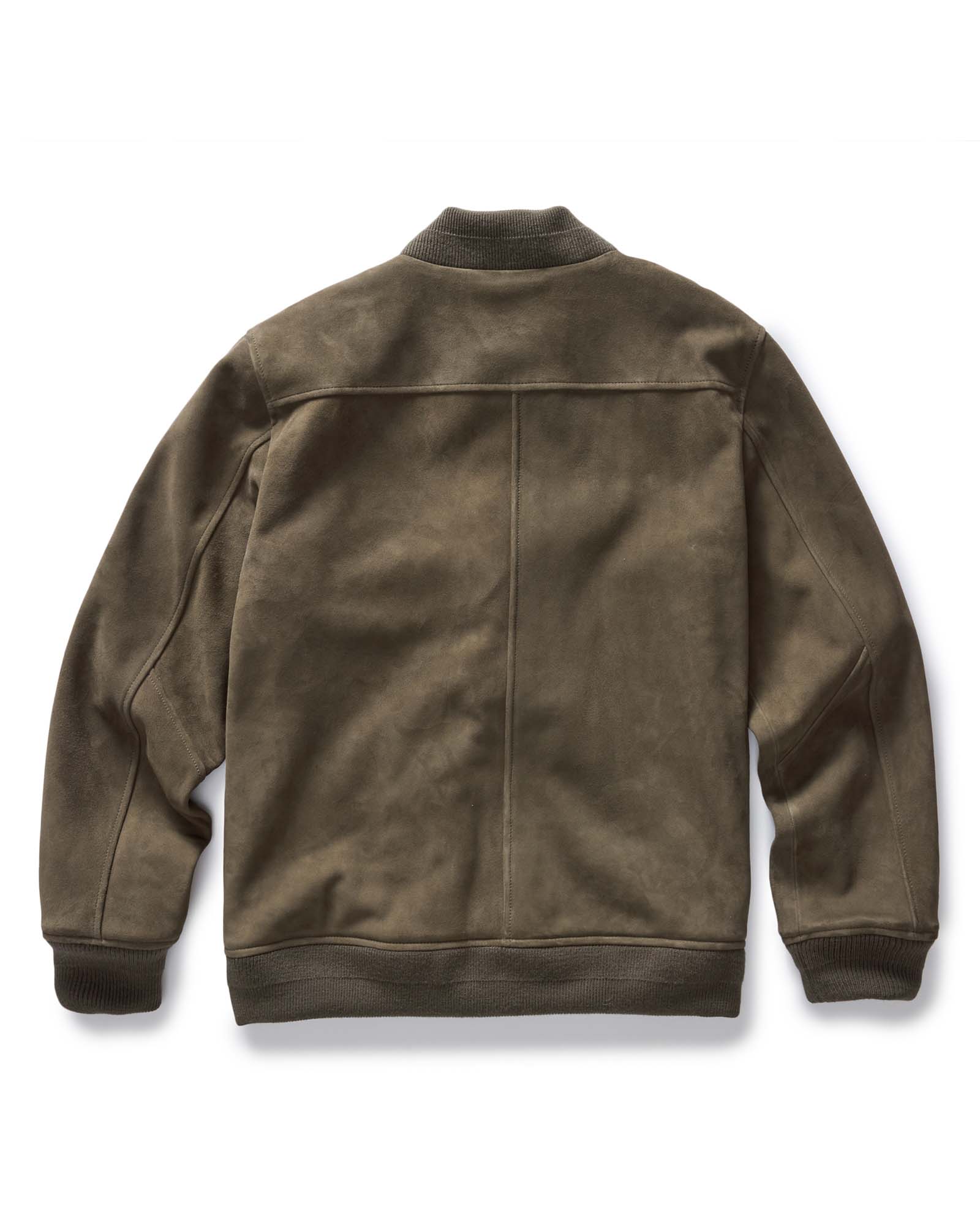 flatlay of the back of The Bomber Jacket in Army Suede, Outerwear by Taylor Stitch