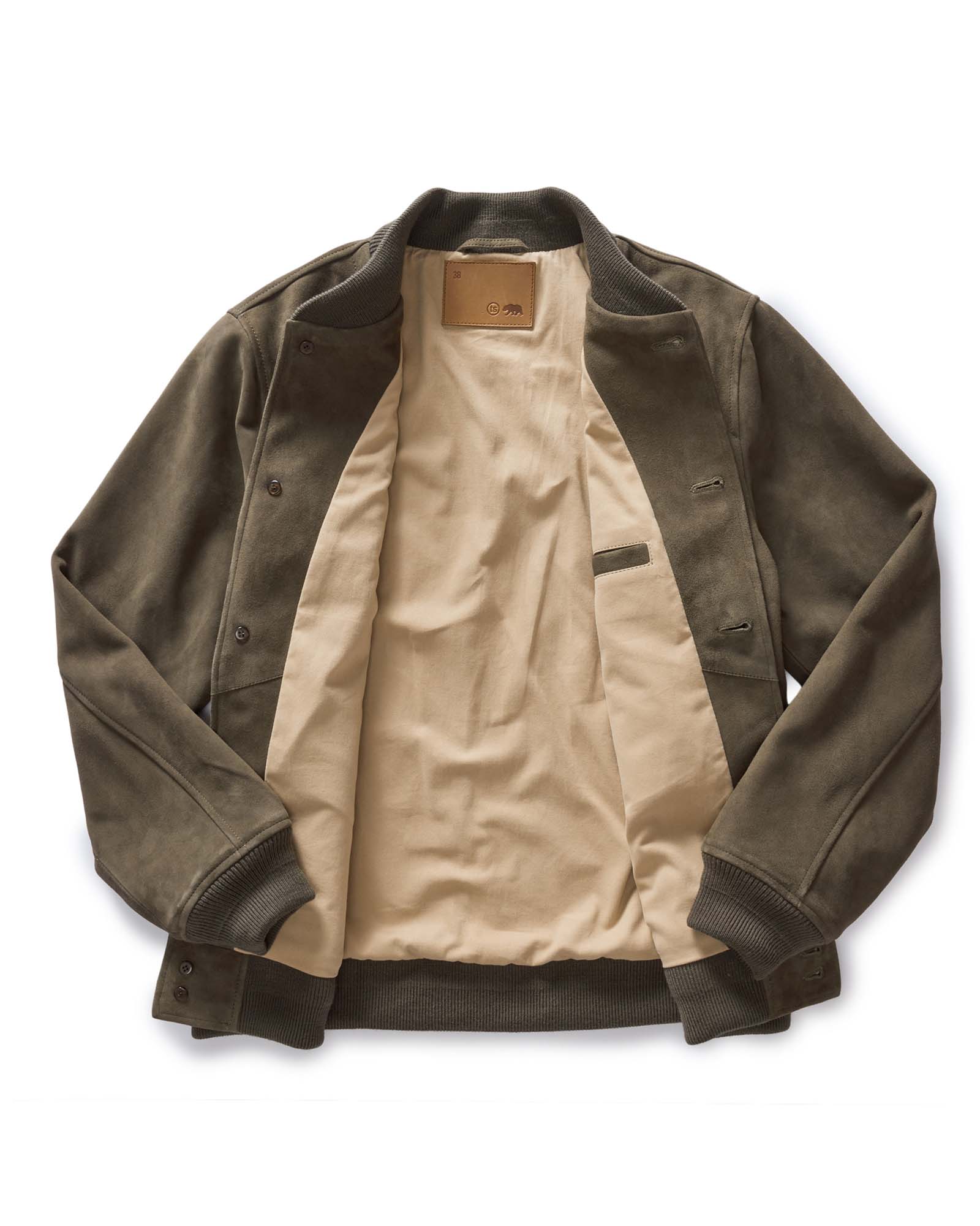 flatlay of the inside lining on The Bomber Jacket in Army Suede, Outerwear by Taylor Stitch