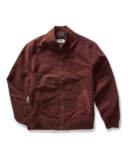 flatlay of The Campus Jacket in Burgundy Moleskin