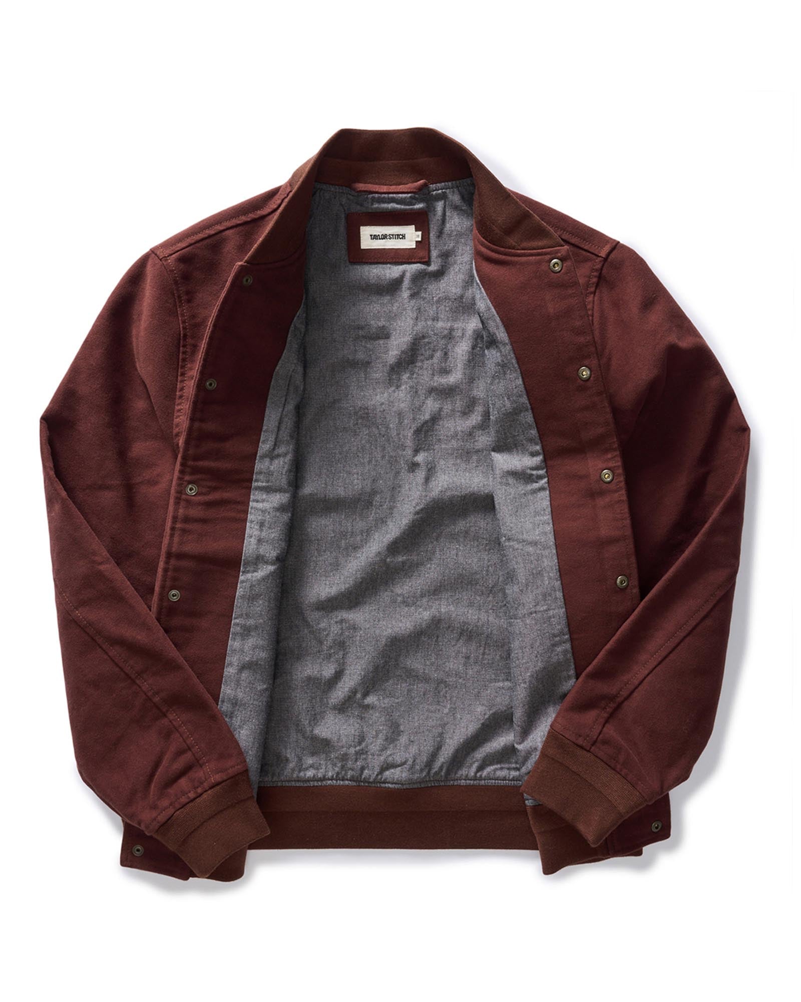 flatlay of The Campus Jacket in Burgundy Moleskin open, Outerwear by Taylor Stitch