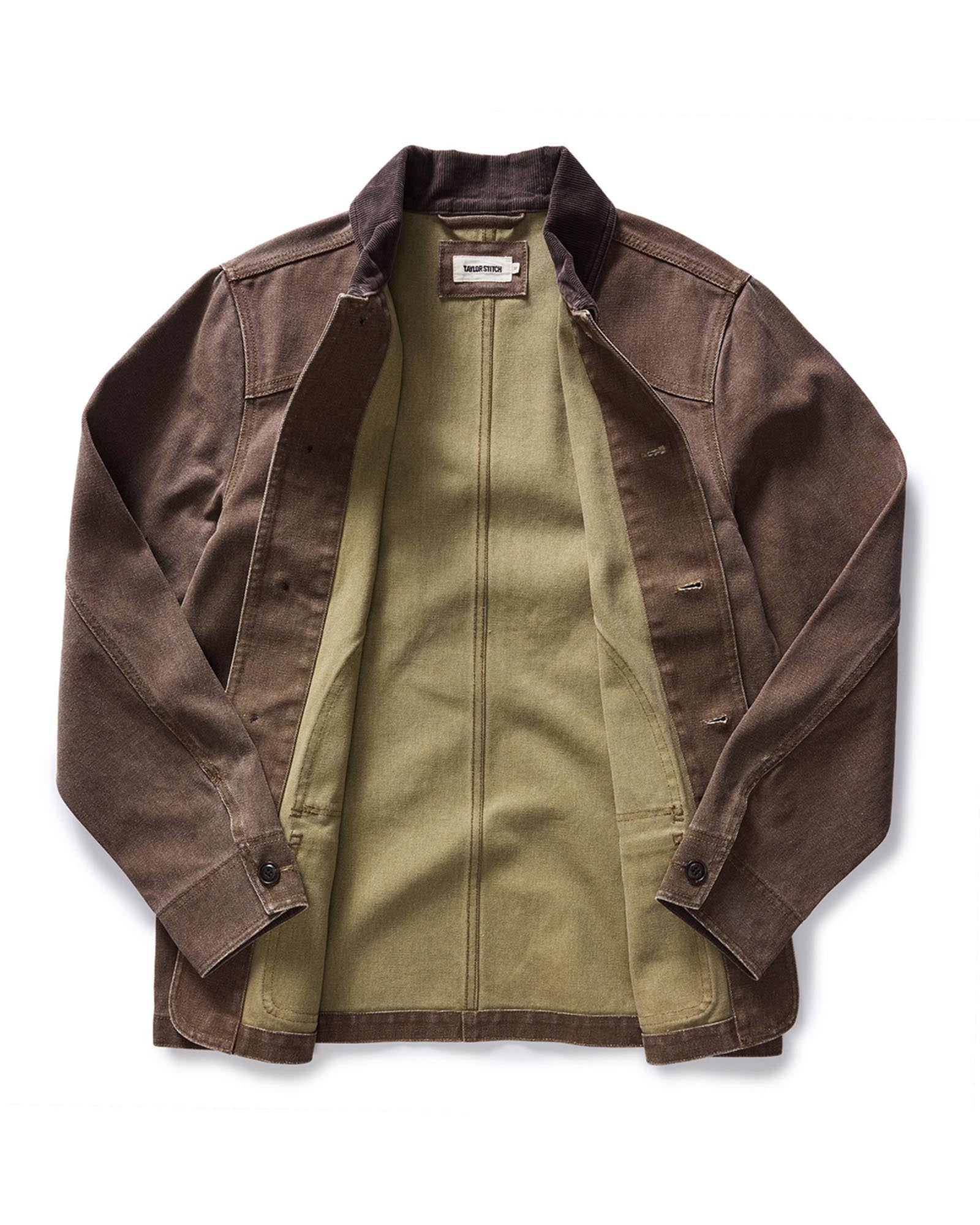 flatlay of the inside of The Upland Jacket in Aged Penny Chipped Canvas, Outerwear by Taylor Stitch