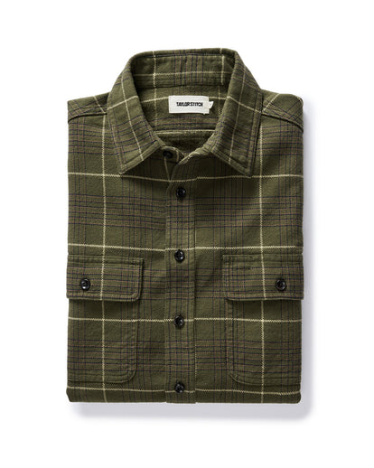 folded flatlay of The Ledge Shirt in Olive Plaid