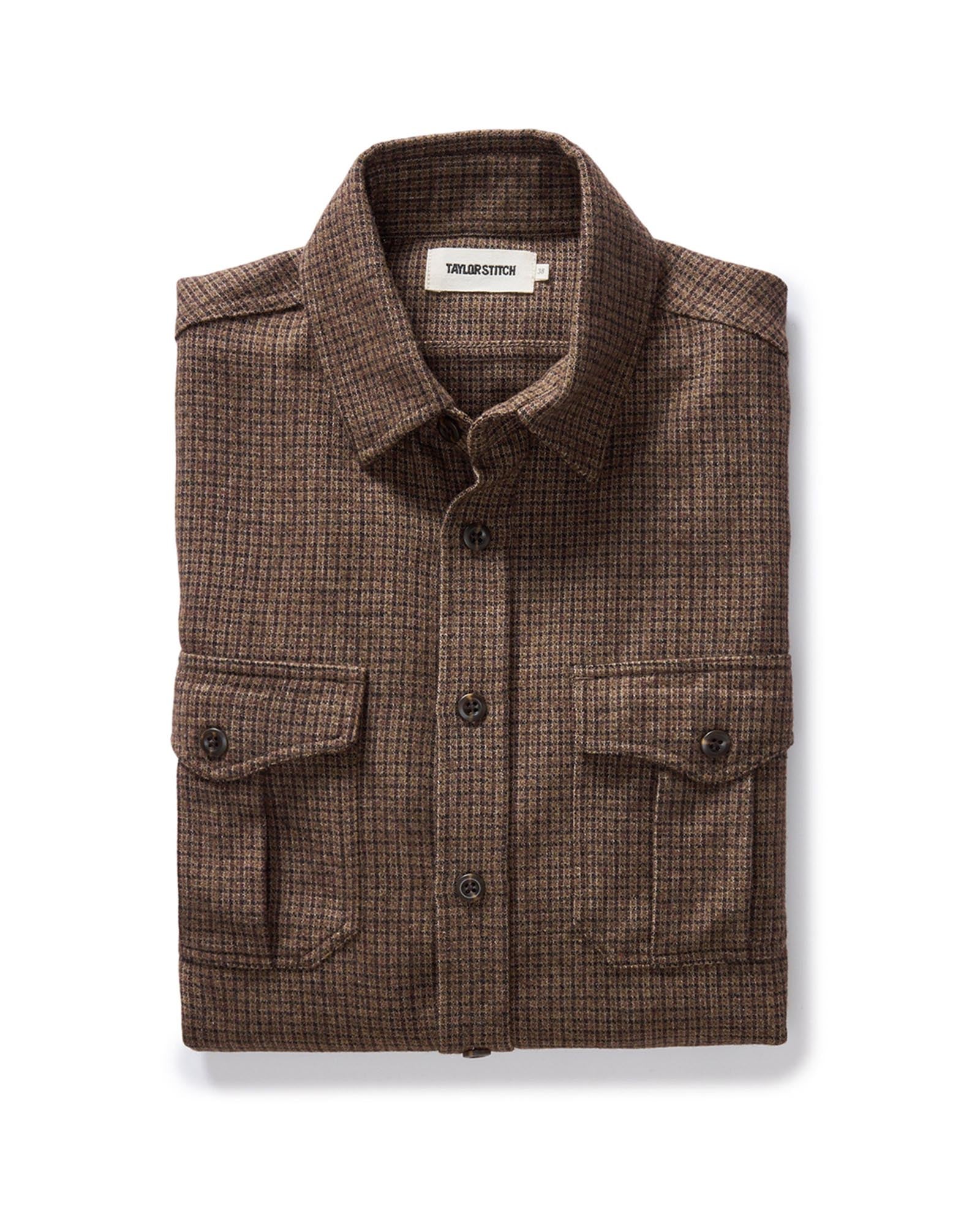 folded flatlay of The Saddler Shirt in Burnt Caramel Check Wool, Wovens by Taylor Stitch