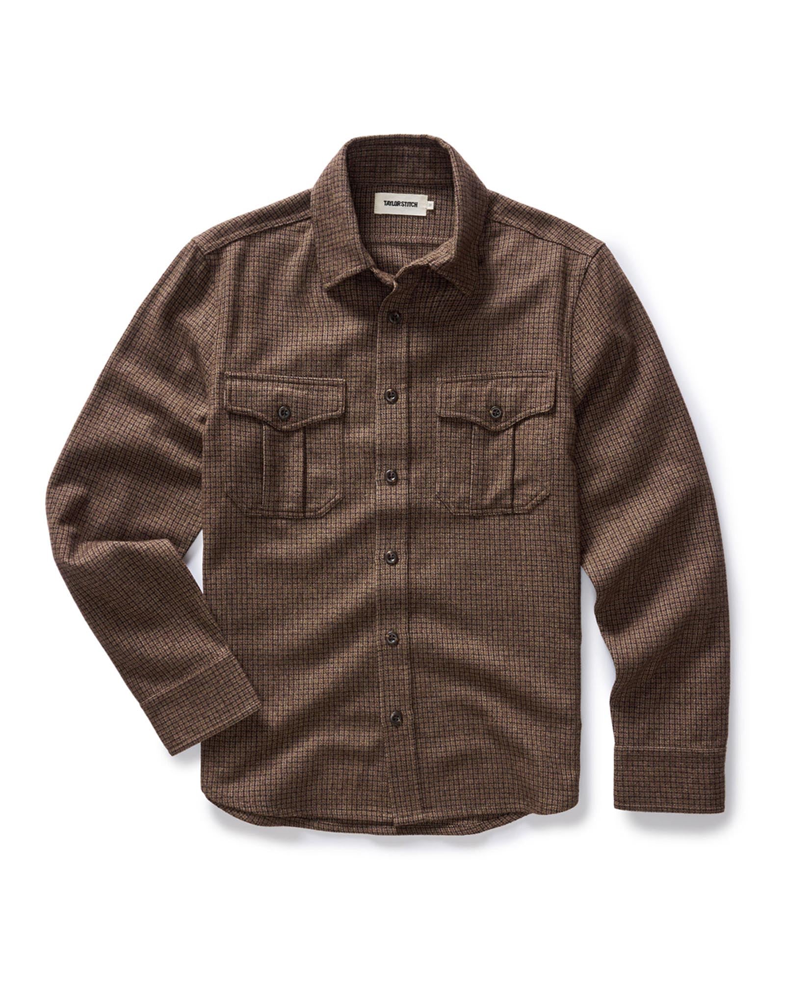 flatlay of The Saddler Shirt in Burnt Caramel Check Wool, Wovens by Taylor Stitch