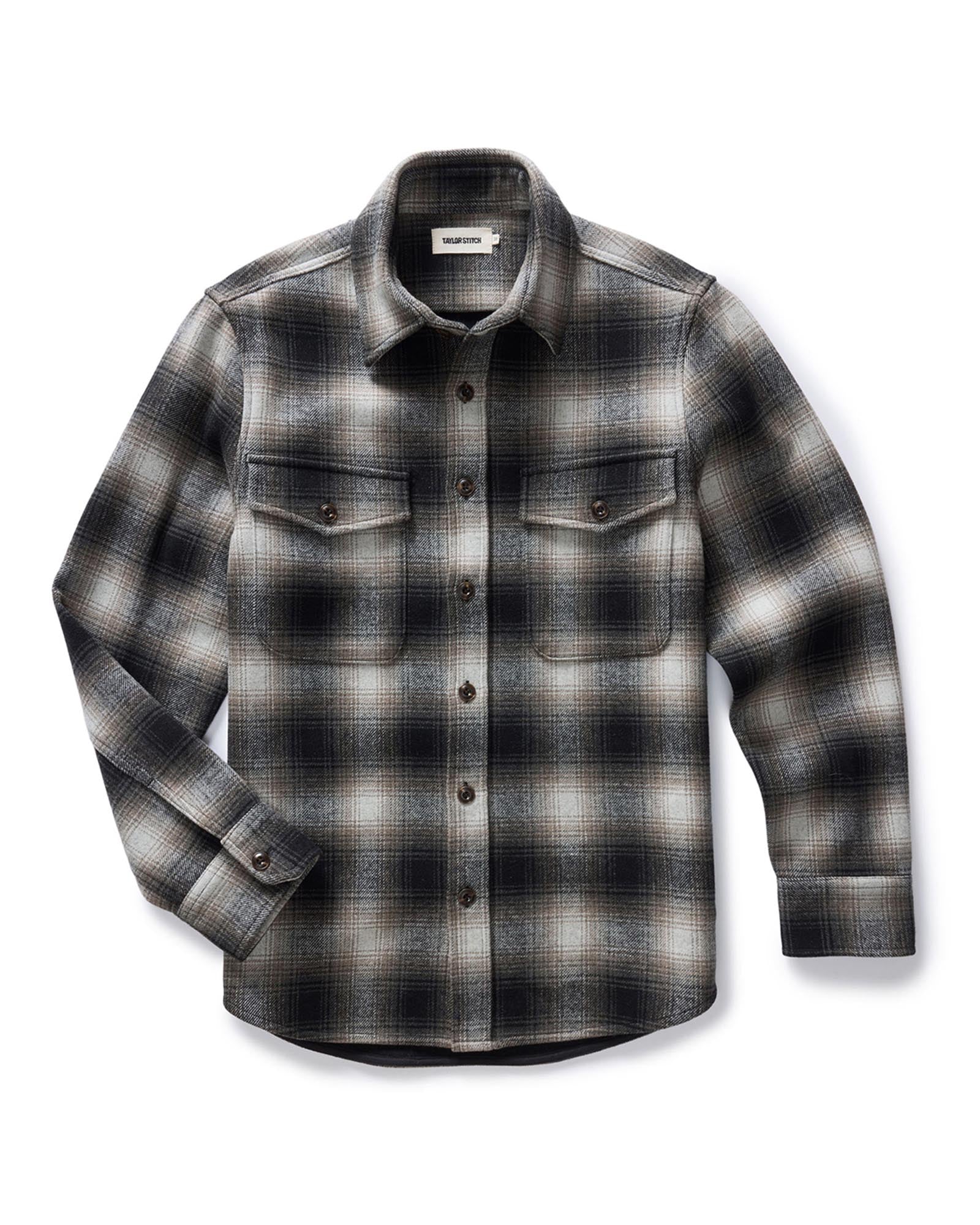 flatlay of The Maritime Shirt Jacket in Olive Plaid, Wovens by Taylor Stitch