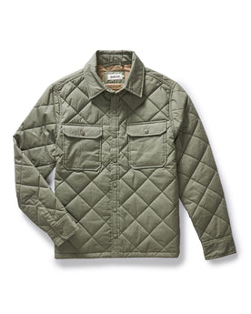 flatlay of The Miller Shirt Jacket in Smoked Olive Dry Wax, Outerwear by Taylor Stitch