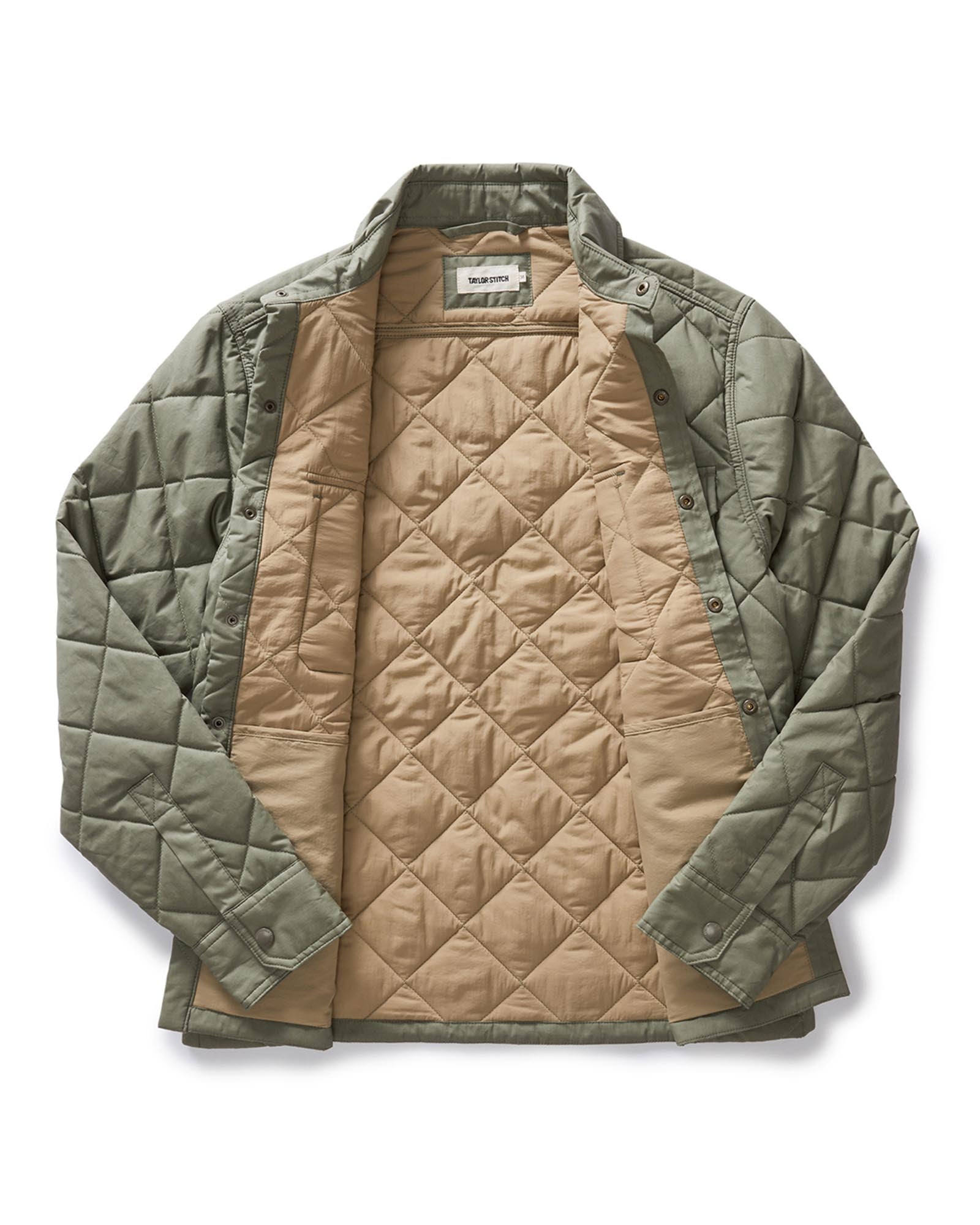 flatlay of the inside lining on The Miller Shirt Jacket in Smoked Olive Dry Wax, Outerwear by Taylor Stitch