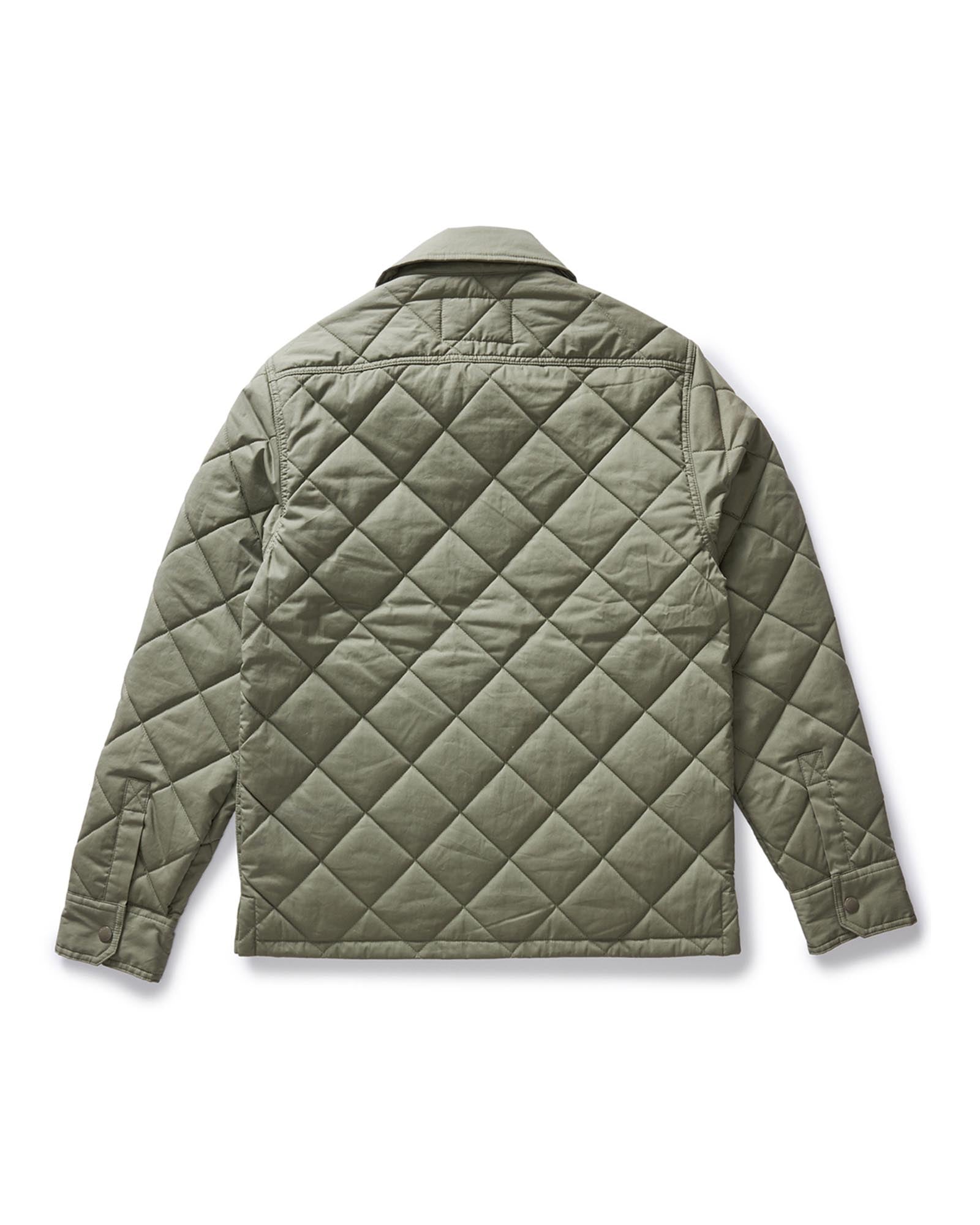 flatlay of the back of The Miller Shirt Jacket in Smoked Olive Dry Wax, Outerwear by Taylor Stitch