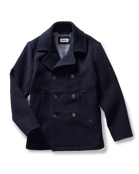 flatlay of The Mariner Coat in Dark Navy Wool, Outerwear by Taylor Stitch