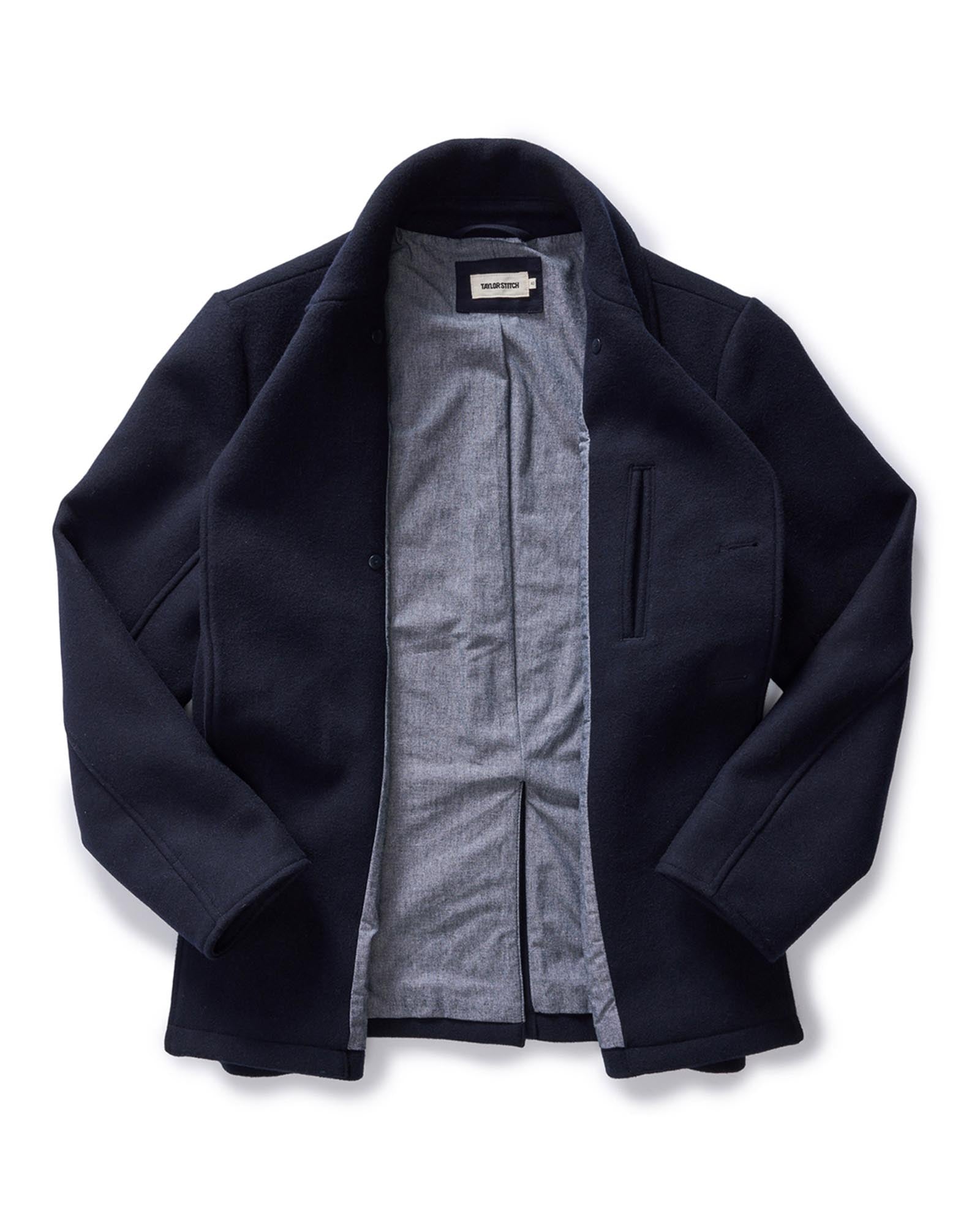 folded flatlay of The Mariner Coat in Dark Navy Wool open, Outerwear by Taylor Stitch
