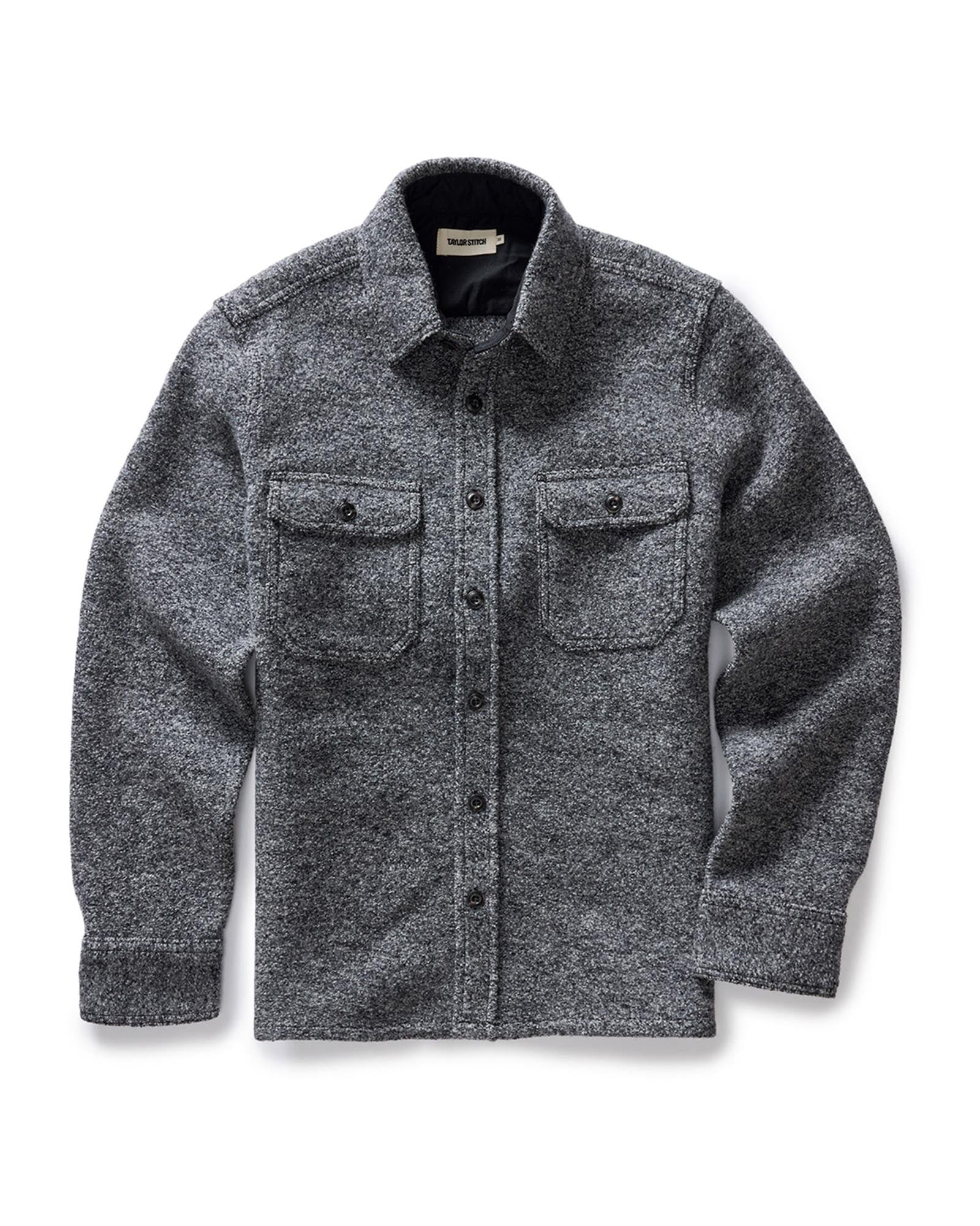 flatlay of The Connor Overshirt in Heather Ash Boucle, Wovens by Taylor Stitch