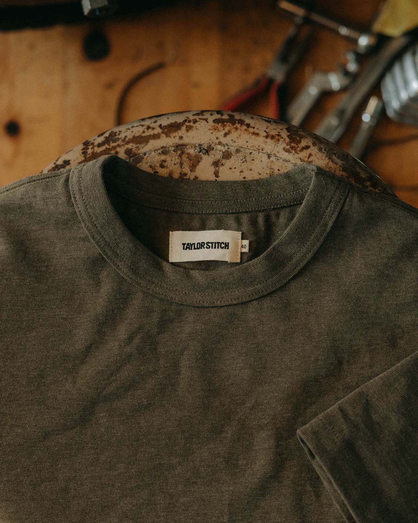 material shot of the collar on The Organic Cotton Shop Tee in Army Twist, Knits by Taylor Stitch