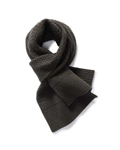 editorial image of The Textured Knit Scarf in Heather Loden Merino rolled up