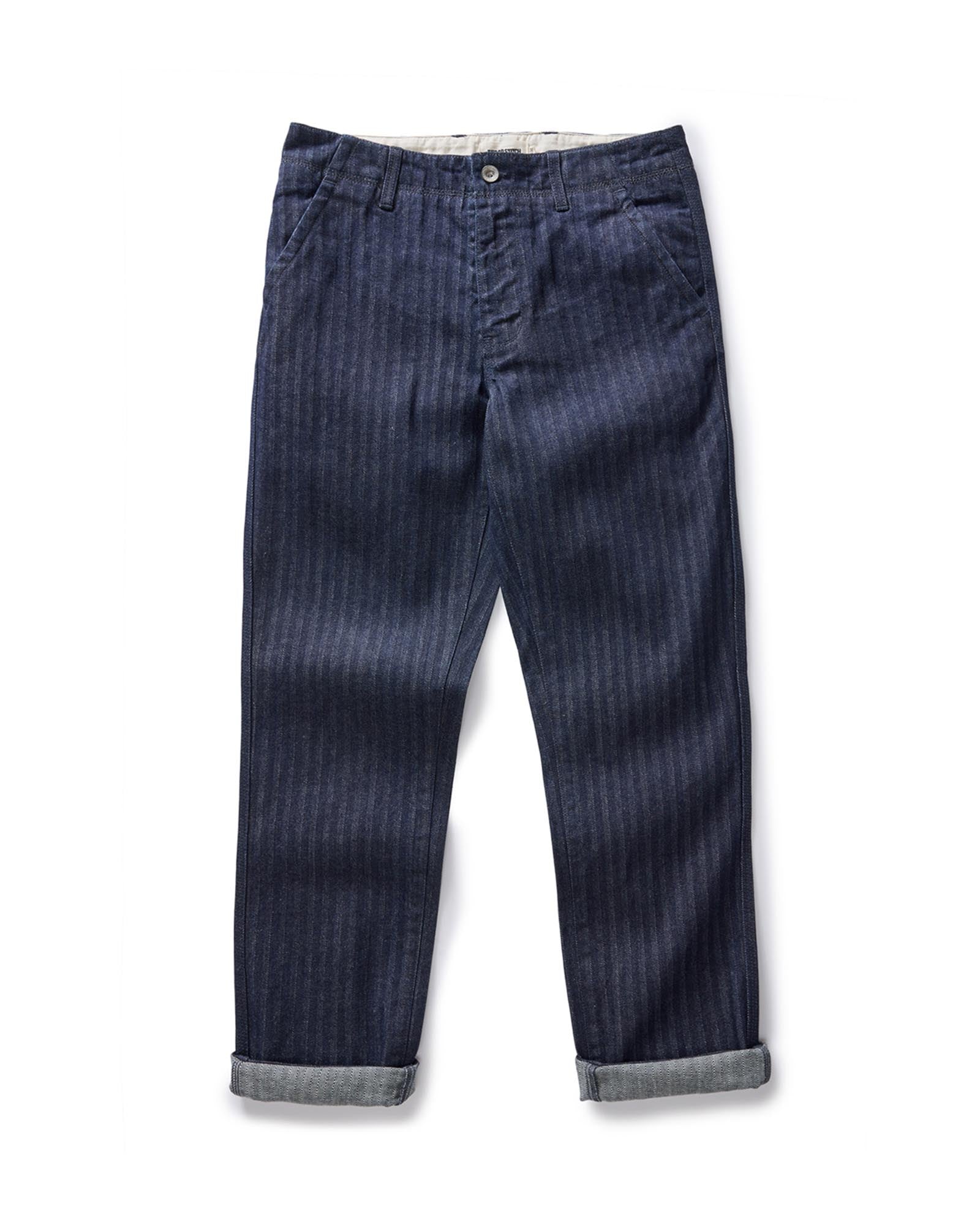 flatlay of The Morse Pant in Rinsed Indigo Herringbone, Bottoms by Taylor Stitch